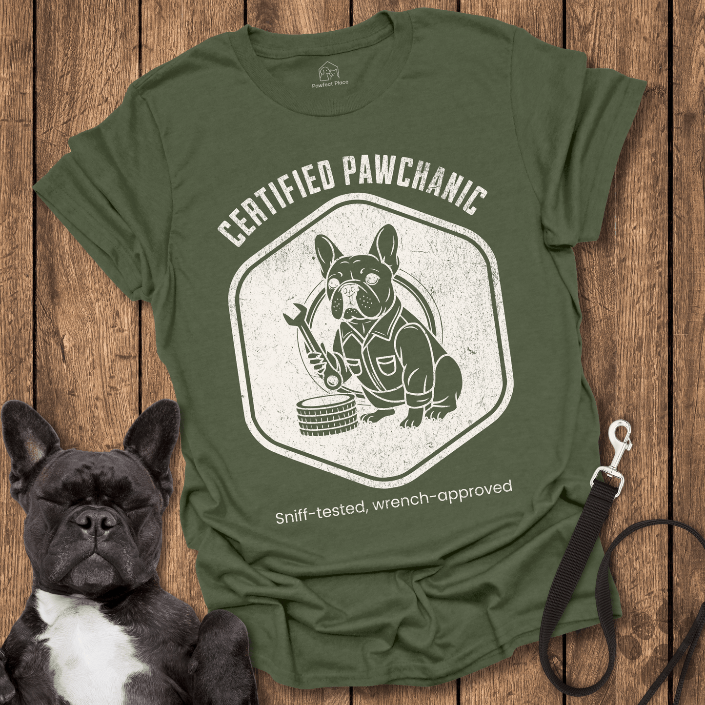Frenchie T-Shirt, Certified Pawchanic, Sniff-tested Wrench-Approved - Dog Shirt