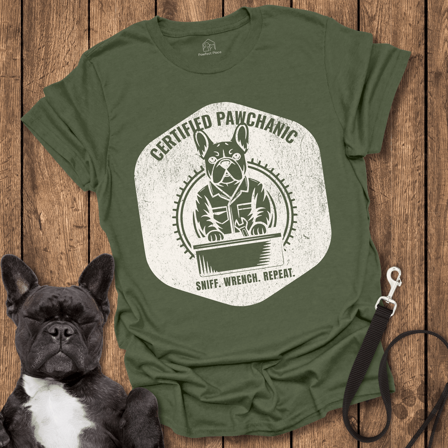 Frenchie T-Shirt, Certified Pawchanic, Sniff Wrench Repeat - Dog Shirt