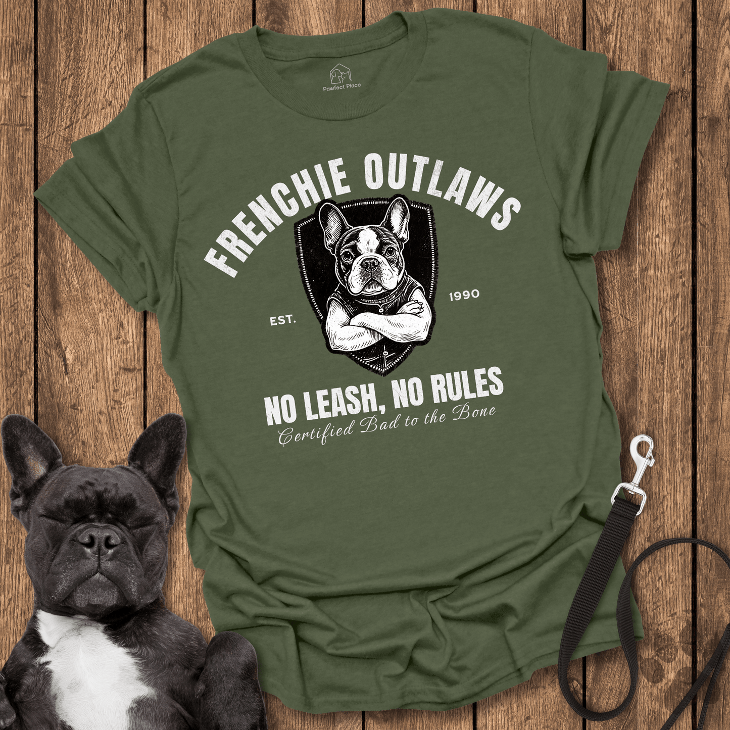 Frenchie T-Shirt, Frenchie Outlaws, No Leash No Rules - Dog Shirt